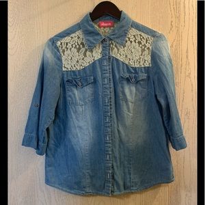 Denim shirt with light green lace detail.